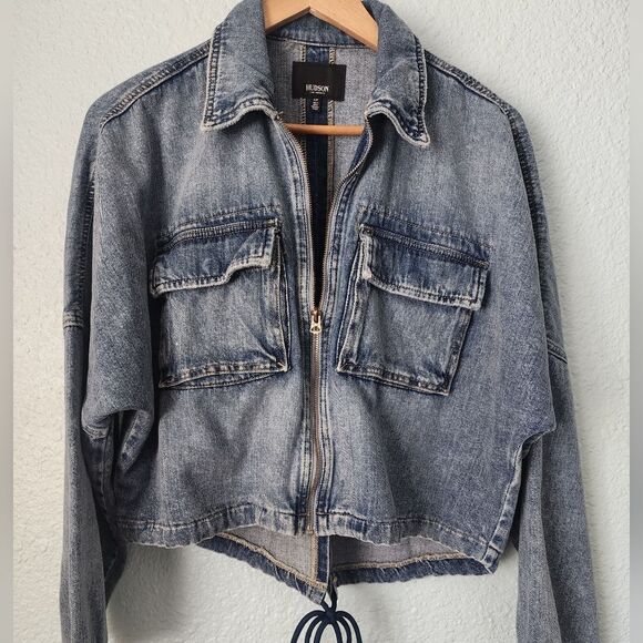 Hudson jean light jacket crop zip up back tie front pockets - Picture 13 of 14